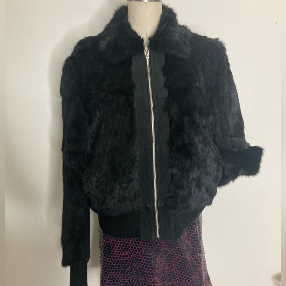Vtg y2k 90s black rabbit fur bomber jacket - Picture 6 of 8